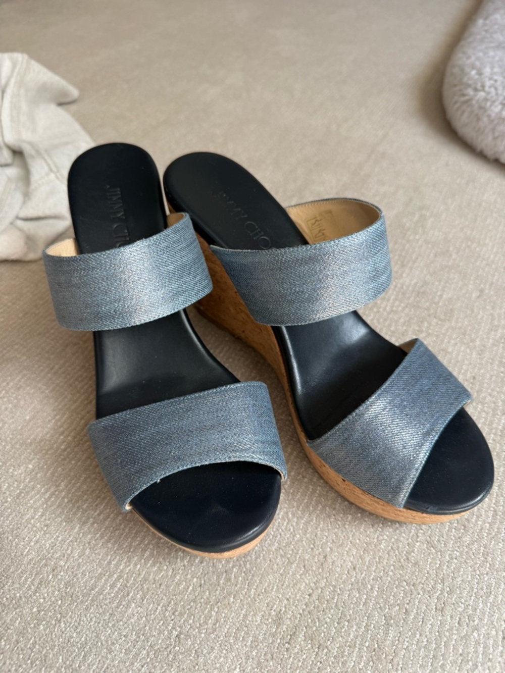 Jimmy Choo Metallic Blue Denim Double-Strap Wedge Sandals